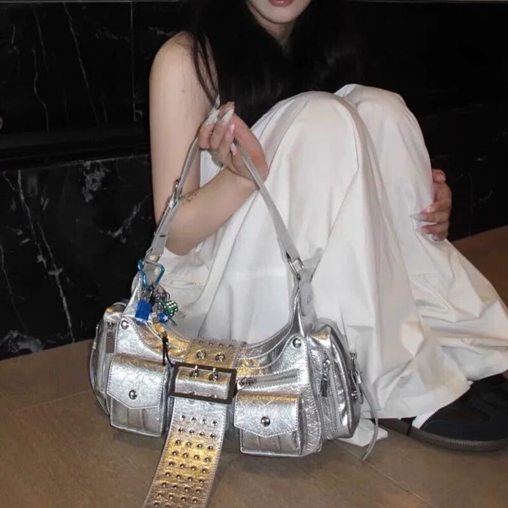 9317 Shoulder Bag, Top Handle Hobo Handbag, Small Punk Clutch Purse, Trendy - Picture 6 of 8